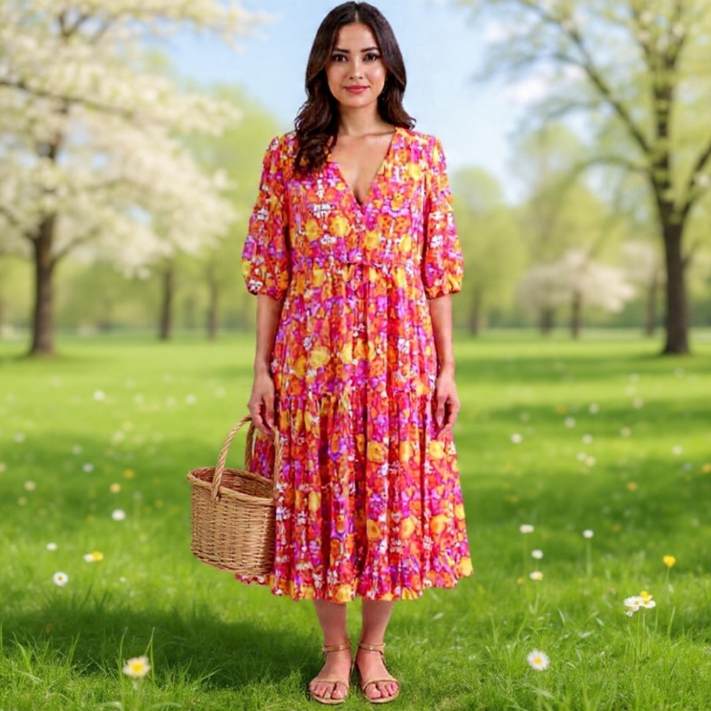 S🧡Anthropologie Abel the Label Red Orange Yellow Floral Print Dress Midi/Maxi